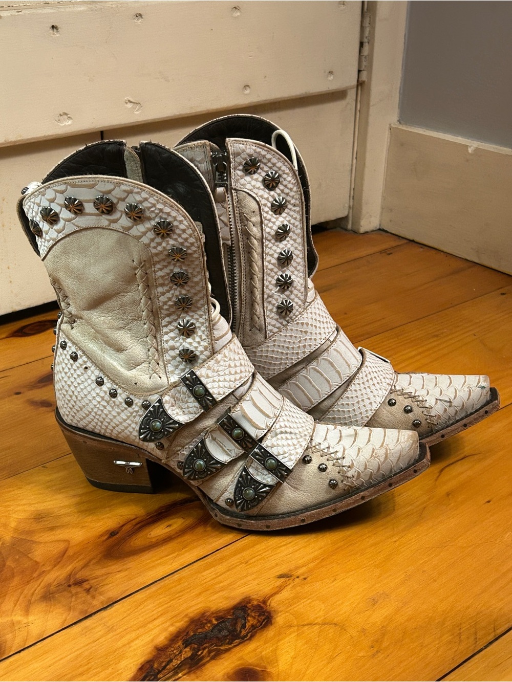 Lane Boots Showdown Studded White Western Ankle Boots with Buckle Straps - Women